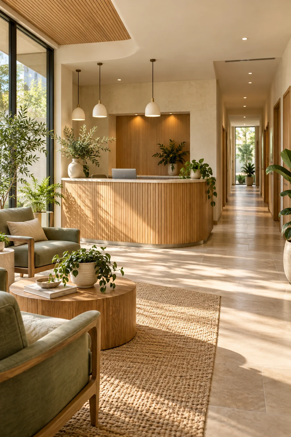 AI-created illustration of a calm healthcare reception space, imagined for the fictional Harborlight Care Studio.