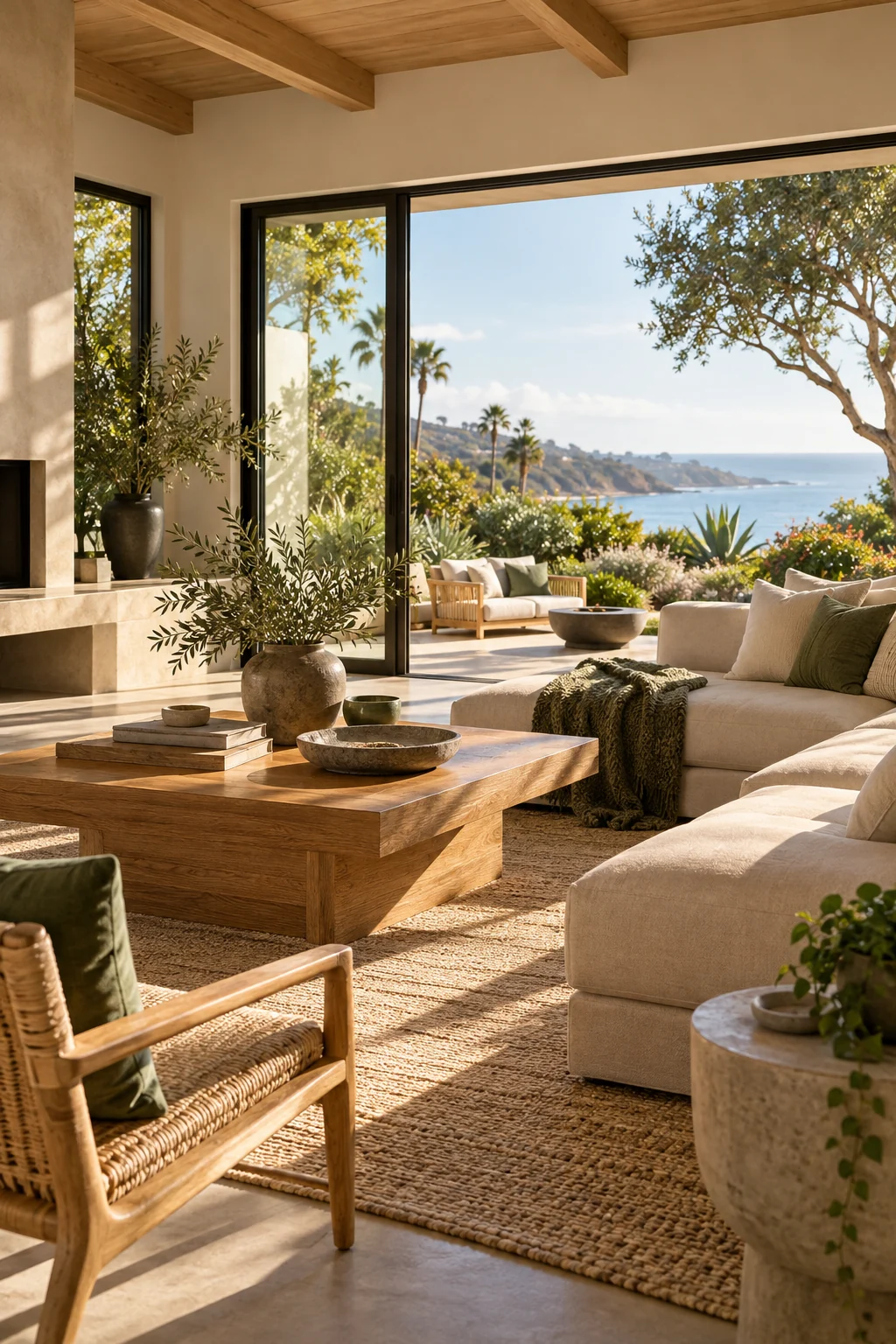 AI-created illustration of a warm Southern California home, imagined for the fictional Seabright Realty Studio.
