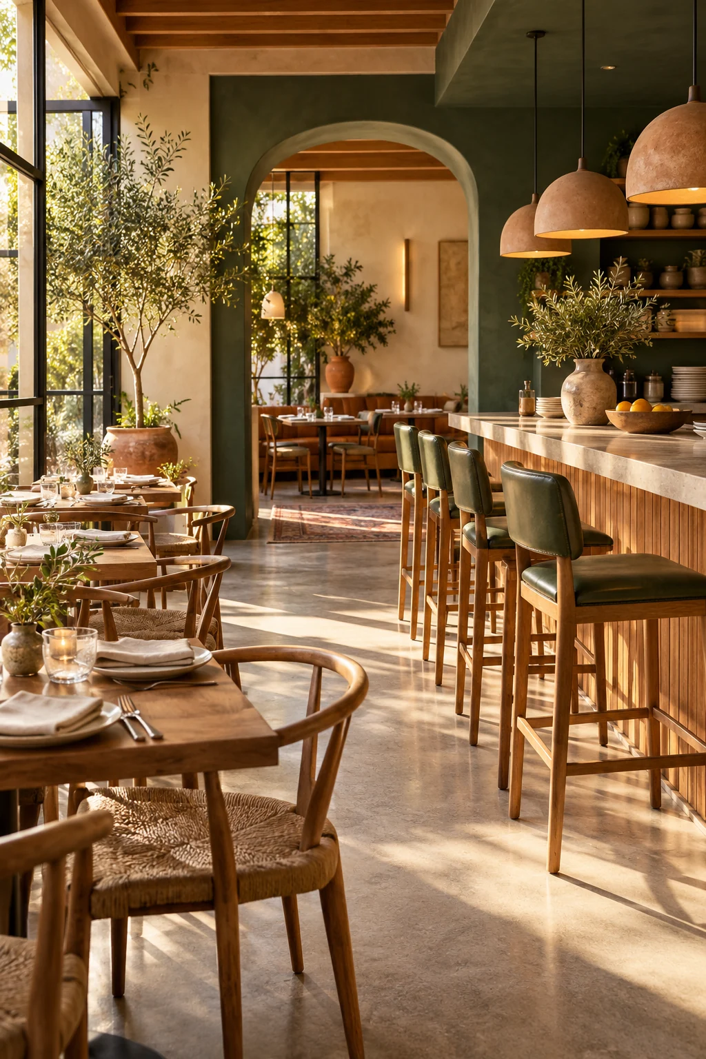 AI-created illustration of a welcoming coastal restaurant, imagined for the fictional Juniper Table.