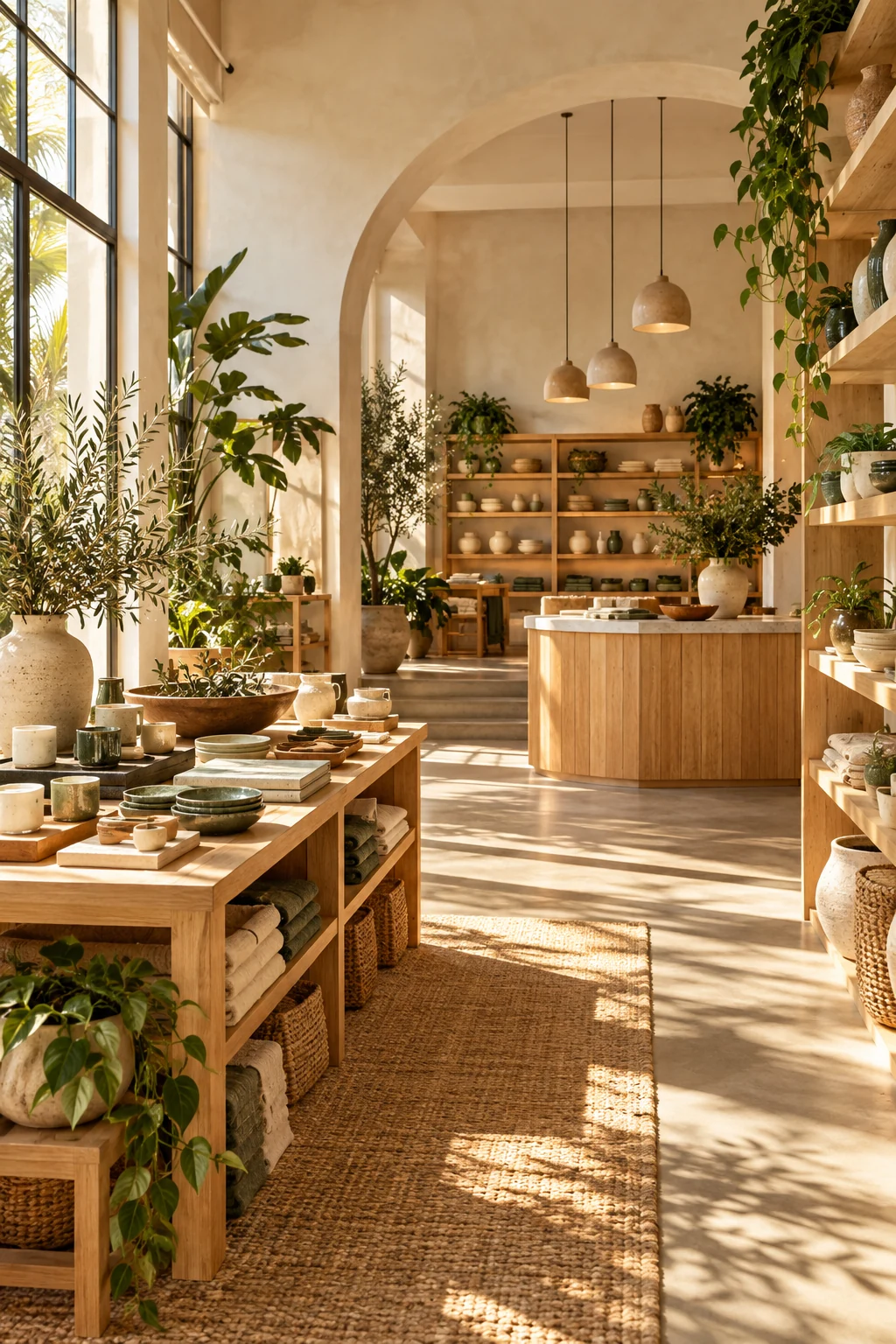 AI-created illustration of a coastal lifestyle shop, imagined for the fictional Tide and Thread.